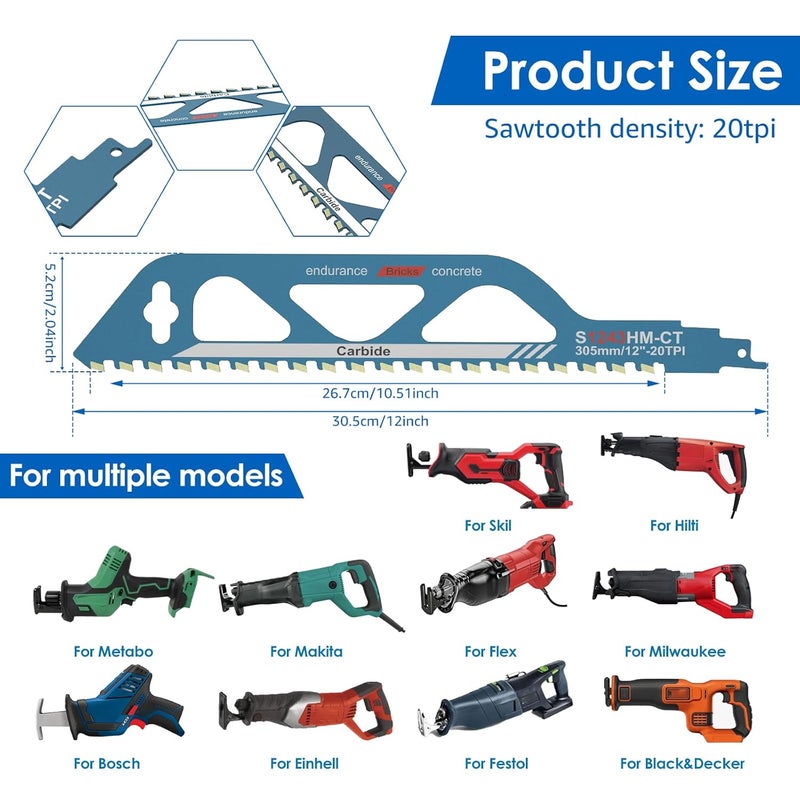 LAINIUTE 12Inch Masonry Reciprocating Saw Blade, 20TPI Concrete Saw Blades, Alloy Steel Brick Concrete Cutting Recip Saw Blade, Demolition Saw Blades for Cutting Brick, Cement, Cinder Block - Image 5